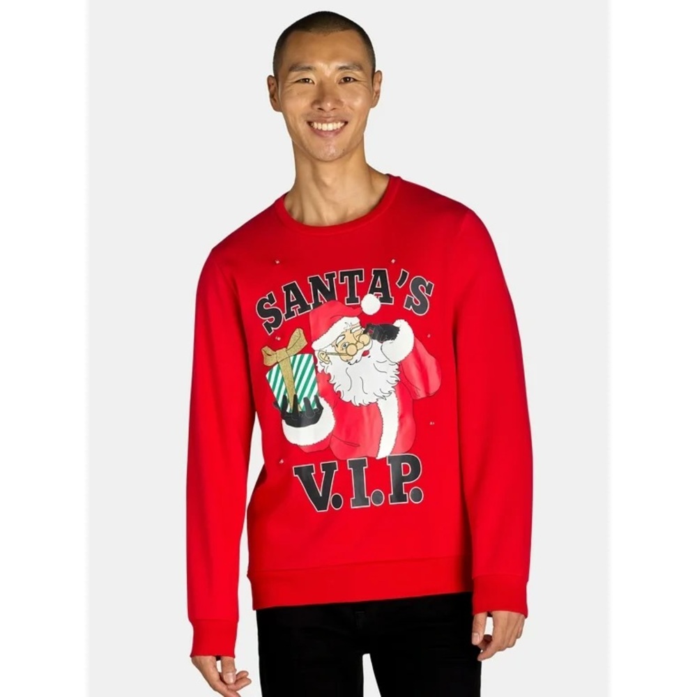Holiday Time Men's Santa’s VIP Lightup LED Christmas Crewneck Fleece Sweatshirt